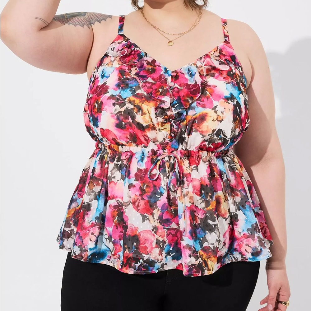 EUC Torrid 4X Chiffon Clip Dot Ruffle Tie Waist Tank